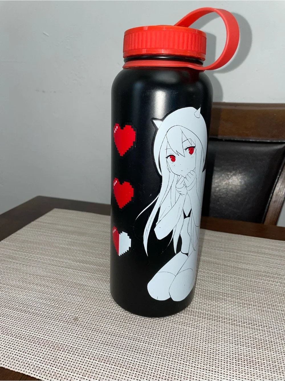 Black Anime Water Bottle Red Lid Pixel Hearts Insulated Reusable Bottle